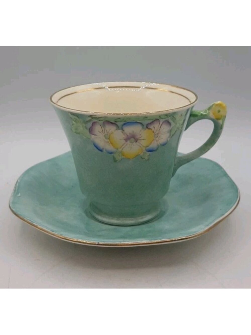 Vintage Fenton Blue Floral Handle Tea Cup and Saucer 1120 James Kent England